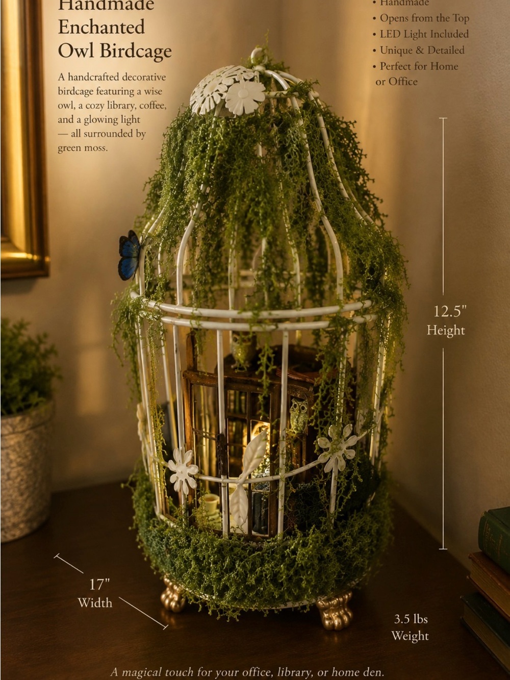 Handmade White Owl Birdcage Décor with Moss and LED Lights - Picture 4 of 6